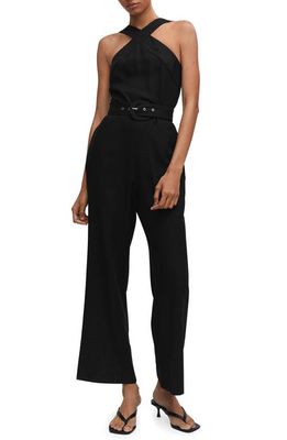 MANGO Belted Halter Neck Jumpsuit in Black