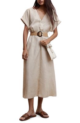 MANGO Belted Linen A-Line Dress in Beige