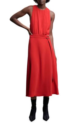 MANGO Belted Midi Dress in Red