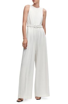MANGO Belted Sleeveless Wide Leg Jumpsuit in White