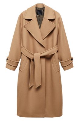 MANGO Belted Wool Blend Coat in Medium Brown