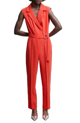 MANGO Belted Wrap Jumpsuit in Coral Red