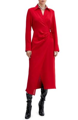 MANGO Bilma Wrap Front Long Sleeve Shirtdress in Red