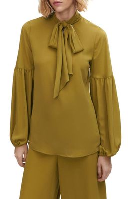 MANGO Bow Neck Bishop Sleeve Crepe Top in Olive Green