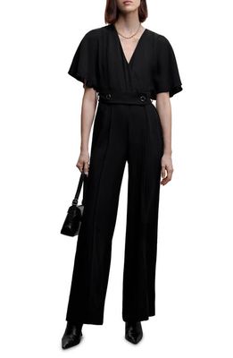 MANGO Button Detail Belted Jumpsuit in Black