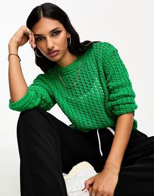 Mango cable knit cropped long sleeve sweater in green