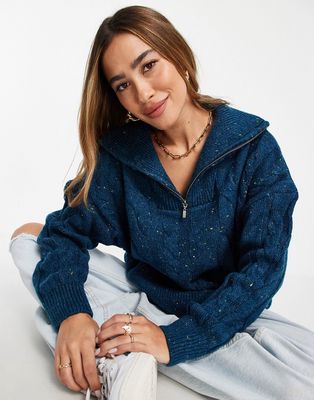 Mango cable knit sweater with high neck and half zip in blue-Blues