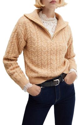 MANGO Cable Quarter Zip Sweater in Medium Brown