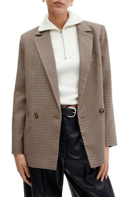 MANGO Charlotte Houndstooth Double Breasted Blazer in Brown