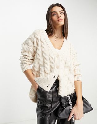 Mango chunky knit cardigan with faux pearls in cream-White