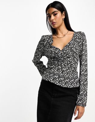 Mango cinched ruched detail floral blouse in black