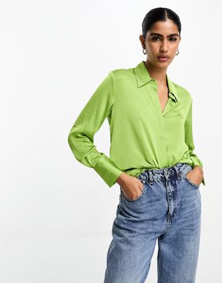 Mango classic fit satin collared shirt in bright green