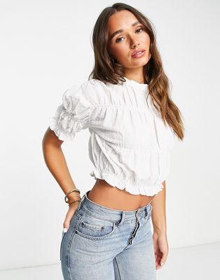 Mango cropped shirred blouse in white