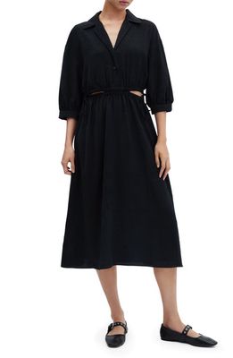 MANGO Cutout Drawstring Waist Midi Shirtdress in Black