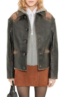 MANGO Distressed Leather Jacket in Black