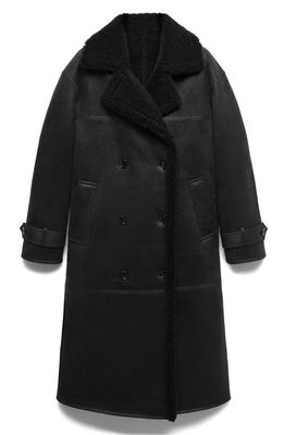 MANGO Double Breasted Faux Shearling Coat in Black