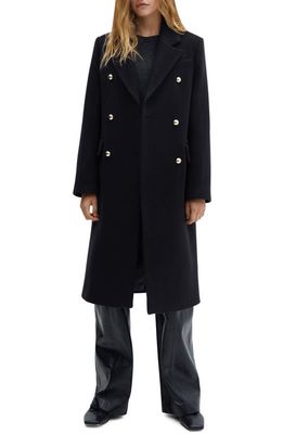 MANGO Double Breasted Wool Blend Coat in Night Blue