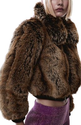 MANGO Faux Fur Crop Jacket in Brown