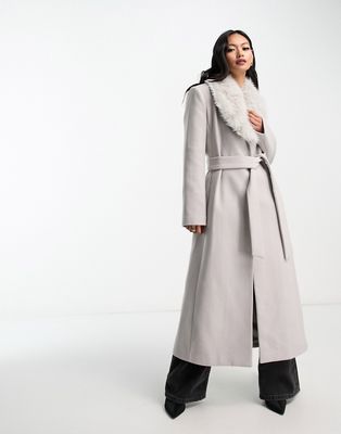 Mango faux fur trim tailored coat in gray
