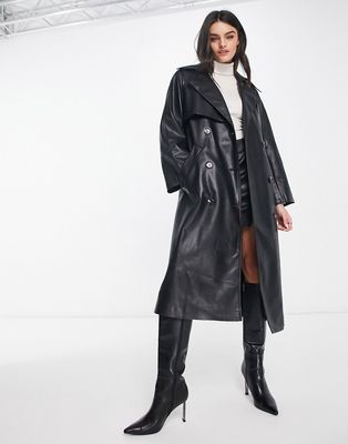 Mango faux leather tie waist trench coat in black