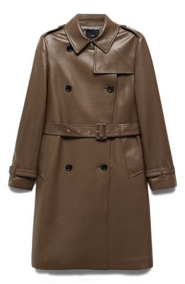 MANGO Faux Leather Trench Coat in Brown