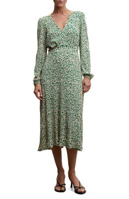 MANGO Floral Crinkle Long Sleeve A-Line Dress in Green