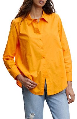 MANGO Floral Embroidered Poplin Button-Up Shirt in Orange