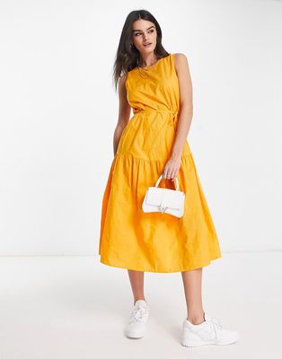 Mango floral embroidered tiered midi dress in orange
