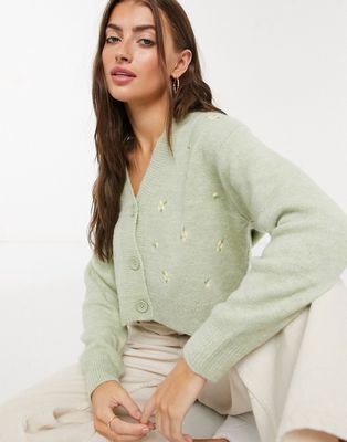 Mango floral embroidered twinset cardigan in sage-Green
