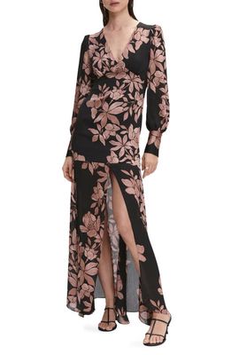 MANGO Floral Long Sleeve Chiffon Dress in Black