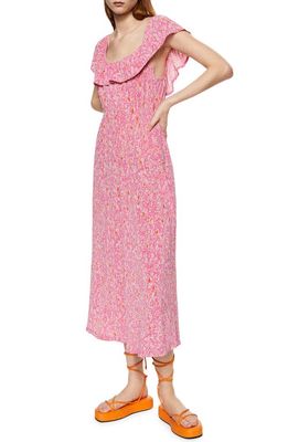 MANGO Floral Print Convertible Off the Shoulder Midi Dress in Fuchsia