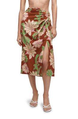 MANGO Floral Print Linen Blend Midi Skirt in Brown