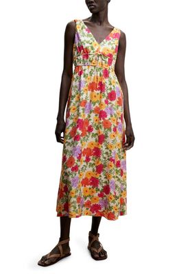 MANGO Floral Print Midi Dress in Light Beige