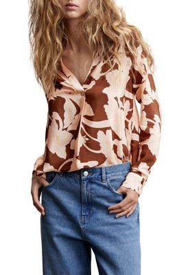 MANGO Floral Satin Popover Shirt in Brown/Light Pastel