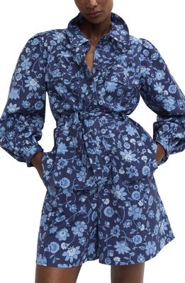 MANGO Floral Tie Waist Cotton & Linen Button-Up Shirt in Blue
