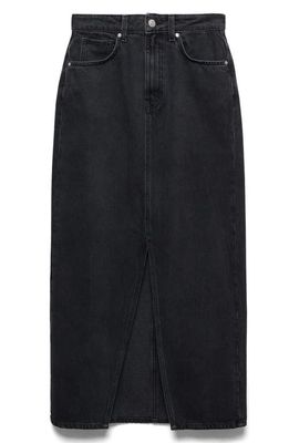 MANGO Front Slit Denim Midi Skirt in Black Denim