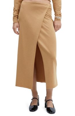 MANGO Knit Faux Wrap Skirt in Medium Brown