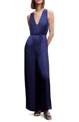 MANGO Knotted Back Satin Jumpsuit in Night Blue