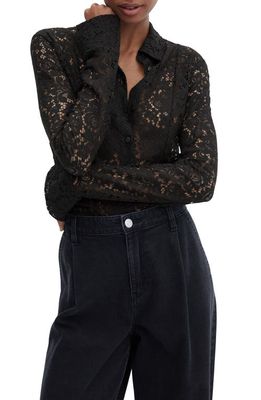 MANGO Lace Button-Up Shirt in Black