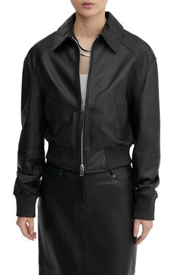 MANGO Leather Aviator Jacket in Black