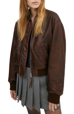 MANGO Leather Bomber Jacket in Brown