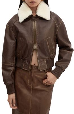 MANGO Leather Bomber with Removable Faux Shearling Collar in Brown