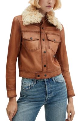 MANGO Leather Jacket with Removable Faux Fur Collar in Beige