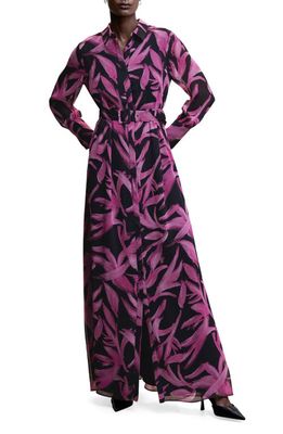 MANGO Long Sleeve Leaf Print Dress in Purple/Black