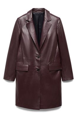 MANGO Longline Leather Coat in Burgundy