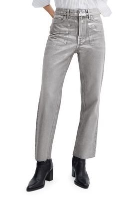 MANGO Metallic Raw Hem Straight Leg Jeans in Silver