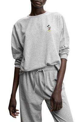 MANGO Mickey Mouse Graphic Long Sleeve Jersey Top in Light Heather Grey