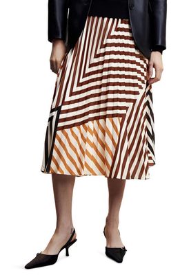 MANGO Mix Stripe Pleated Midi Skirt in Brown Multi Stripe