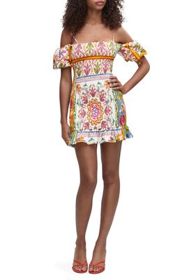 MANGO Mixed Print Puff Sleeve Cotton Minidress in Off White