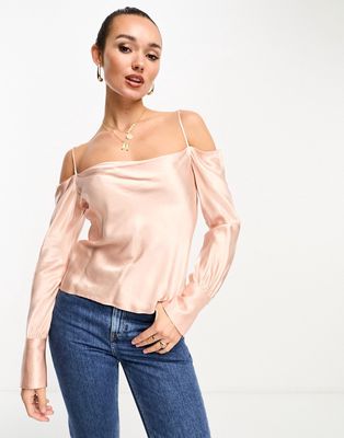 Mango off the shoulder detail cuff long sleeve cami top in pink